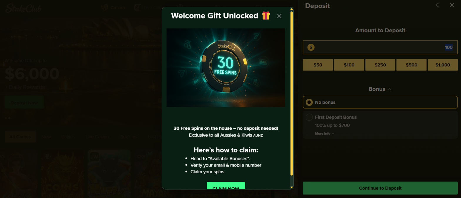 Welcome Gift popup and Deposit panel competing